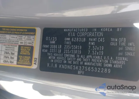 2025 Kia Carnival Sx/Sx Prestige from USA, damaged, VIN KNDNE5K37S6532289